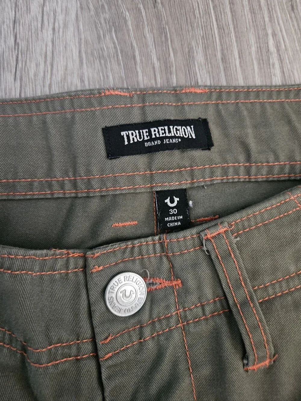 True Religion Cargo Pants Olive Green Kalamata Orange Stitch 108335 Mens Size 30